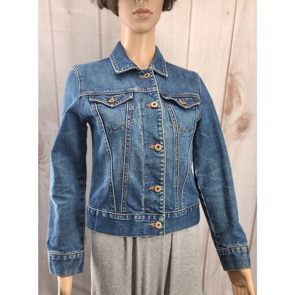 Vintage GAP Women XS Distressed Blue Denim Cotton Jean Jacket Brass Buttons - Picture 2 of 8